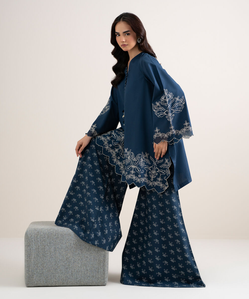 Women's Unstitched Cotton Embroidered Blue 2 Piece Suit