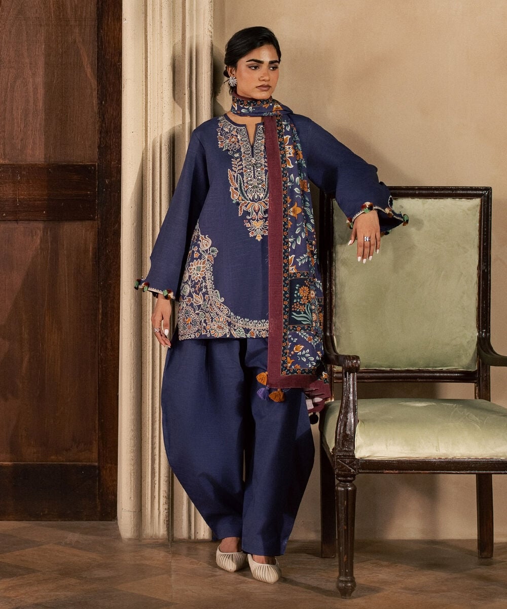 Women's Unstitched Light Khaddar Embroidered Blue 3 Piece Suit