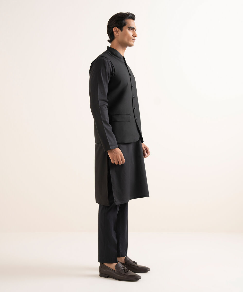 Men's Stitched Textured Wash & Wear Black Waistcoat