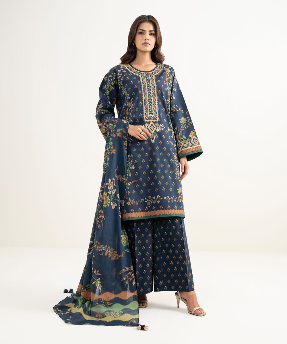 Women's Unstitched Lawn Embroidered Blue 3 Piece Suit