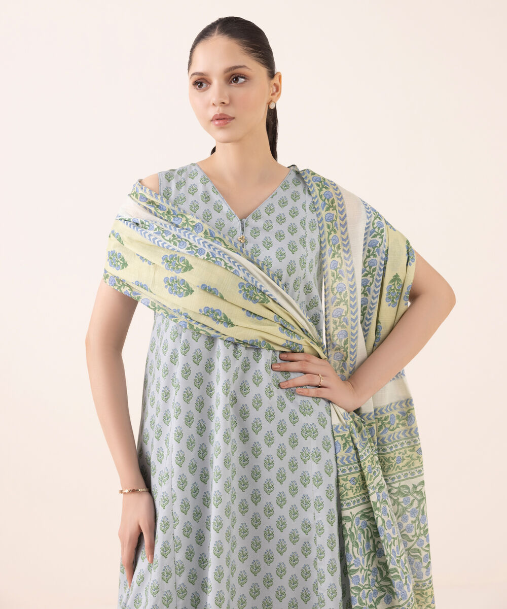 Women's Unstitched Arabic Lawn Printed Grey 3 Piece Suit