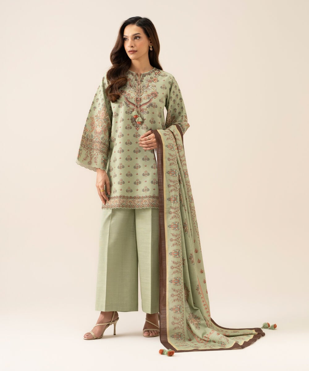 Women's Unstitched Cotton Embroidered Light Mint Green 3 Piece Suit