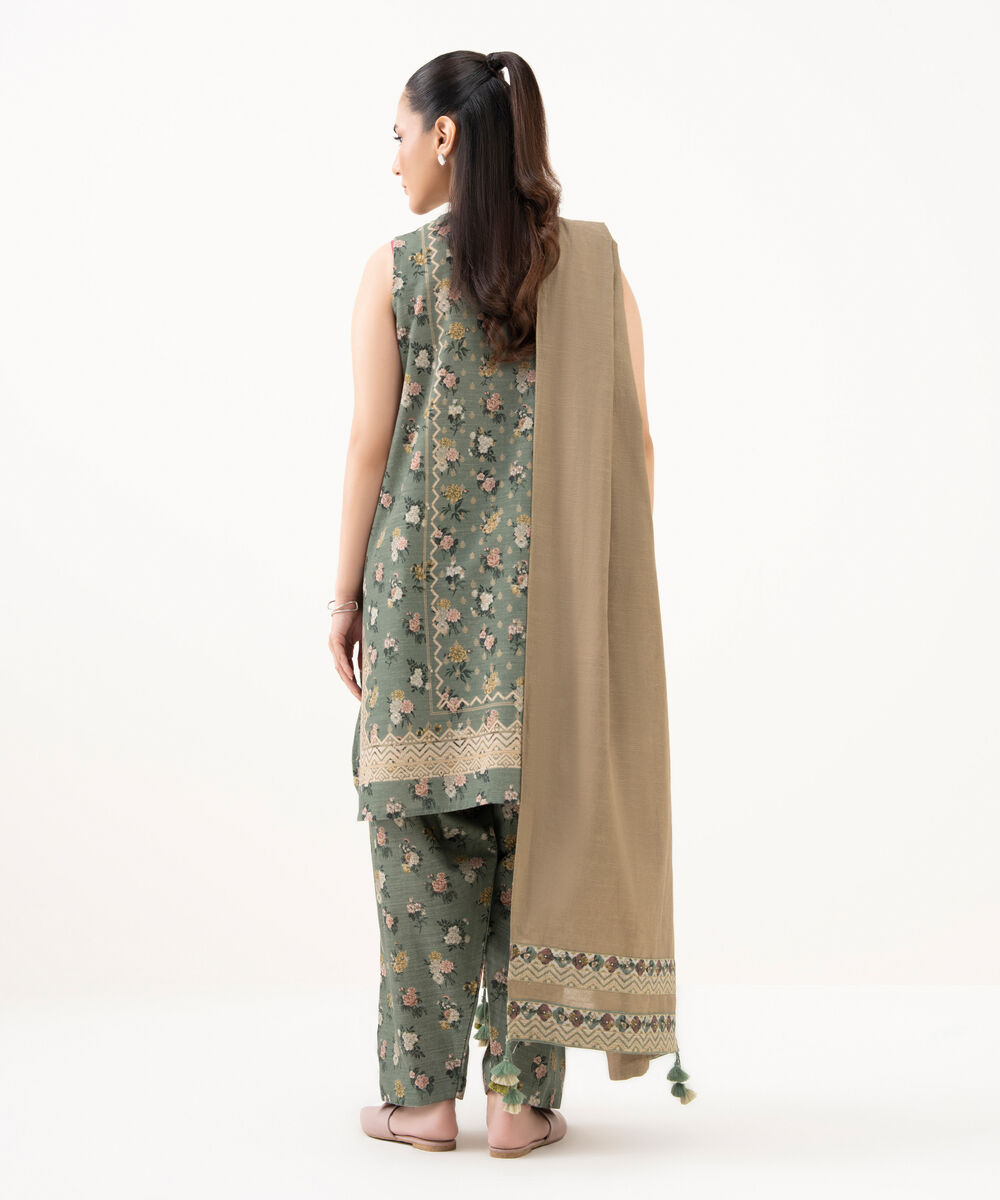 Women's Unstitched Cotton Printed Green 3 Piece Suit