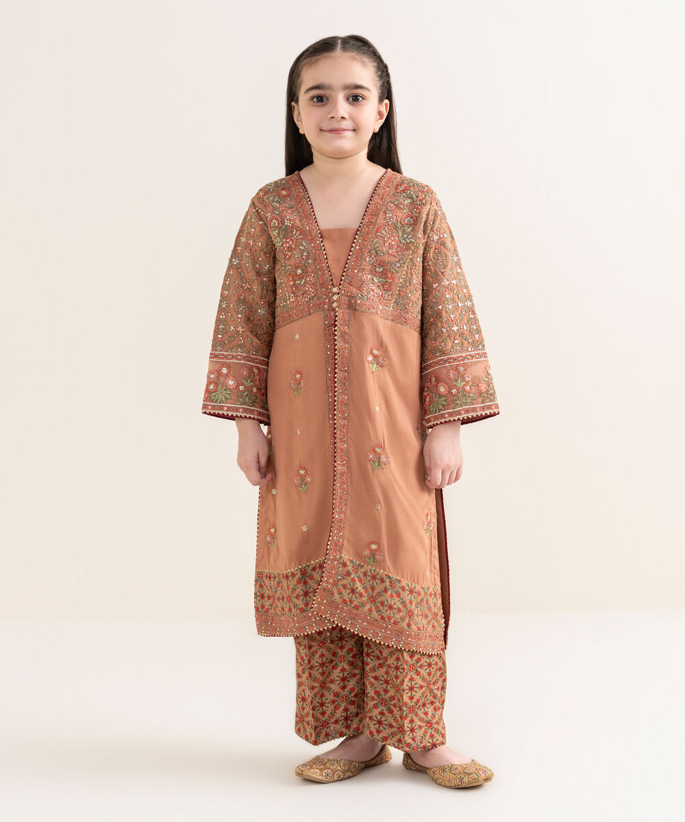 Girl's Viscose Raw Silk Orange Embroidered 2 Piece Suit