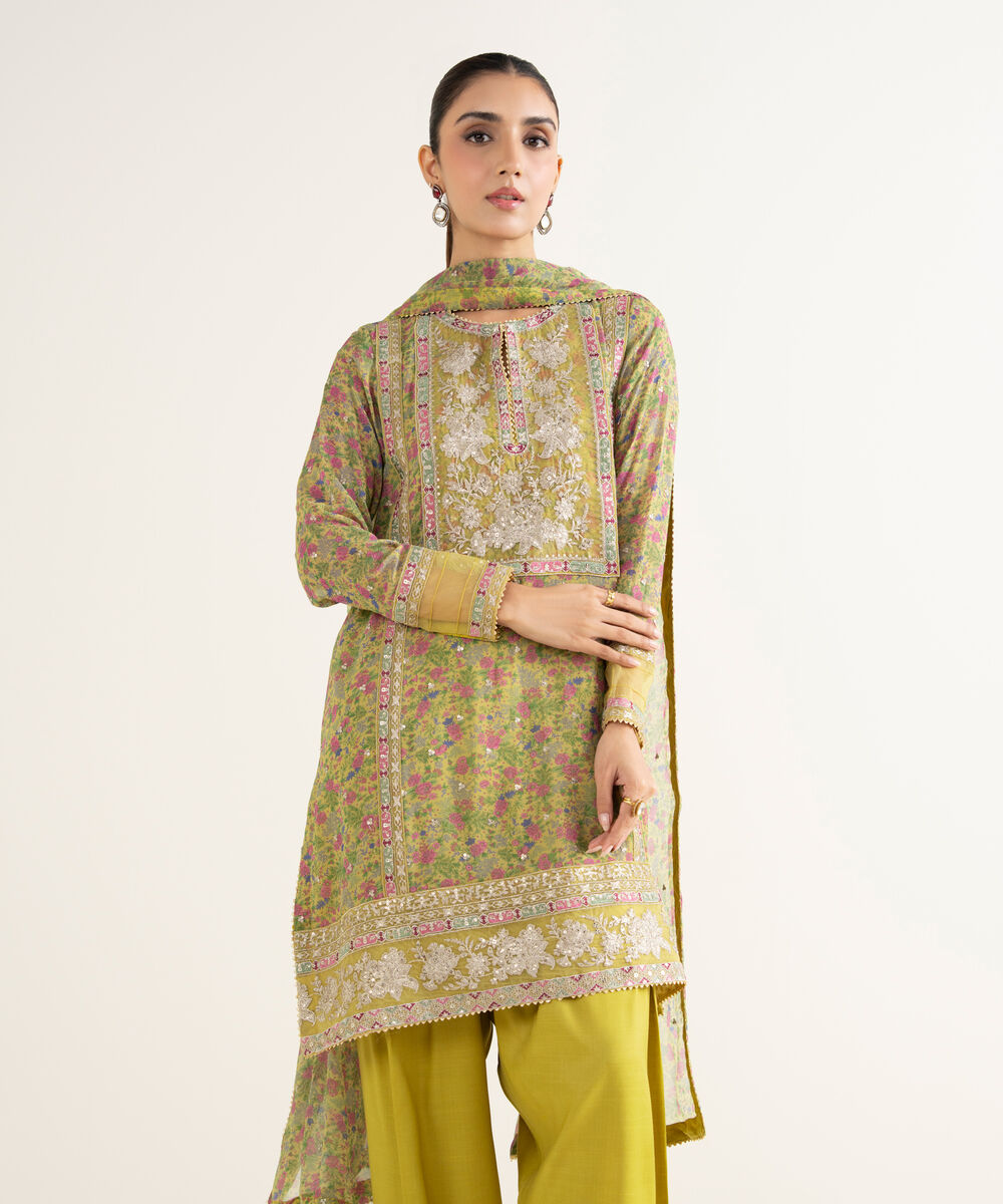 Women's RTW Bemberg Georgette Chiffon Embroidered Yellow 3 Piece Suit