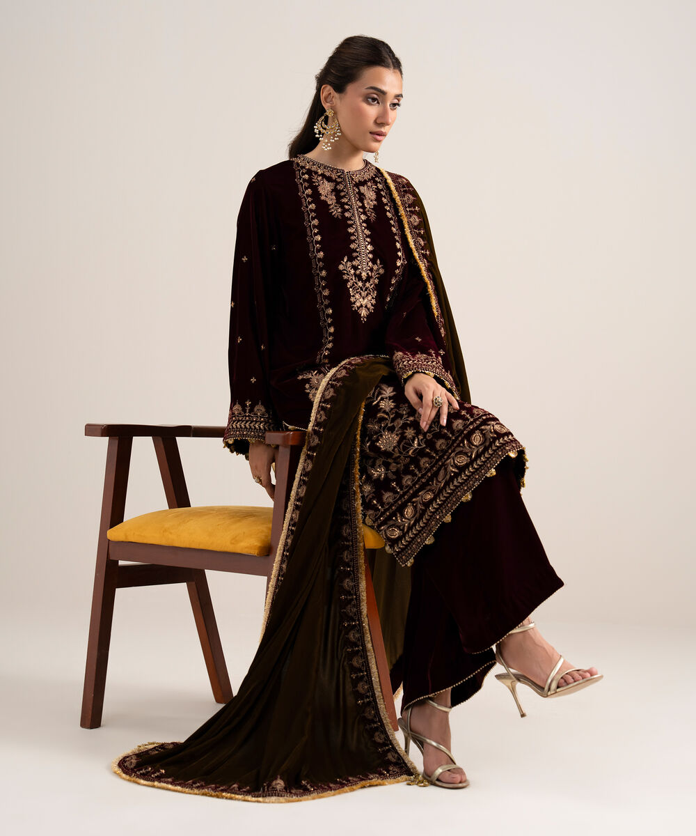 Women's Unstitched Embroidered Velvet Maroon 3 Piece Suit