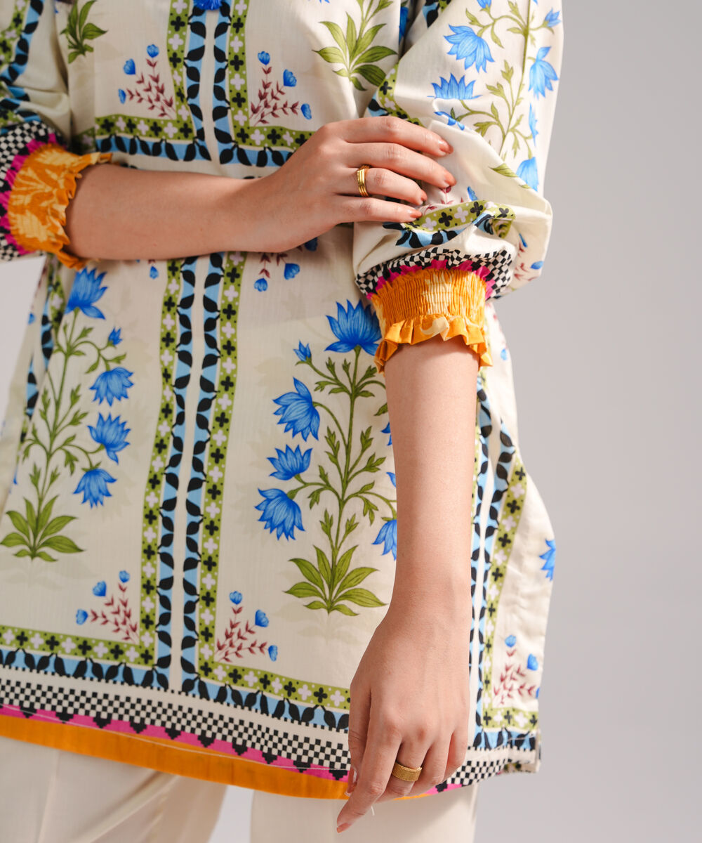 Women's RTW Textured Lawn Printed Off White Straight Shirt