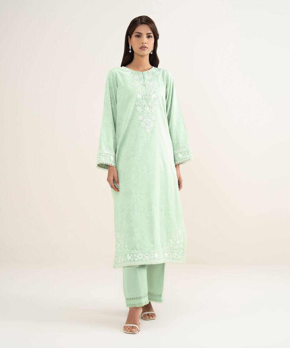 Women's RTW Lawn Embroidered Green A-Line Shirt