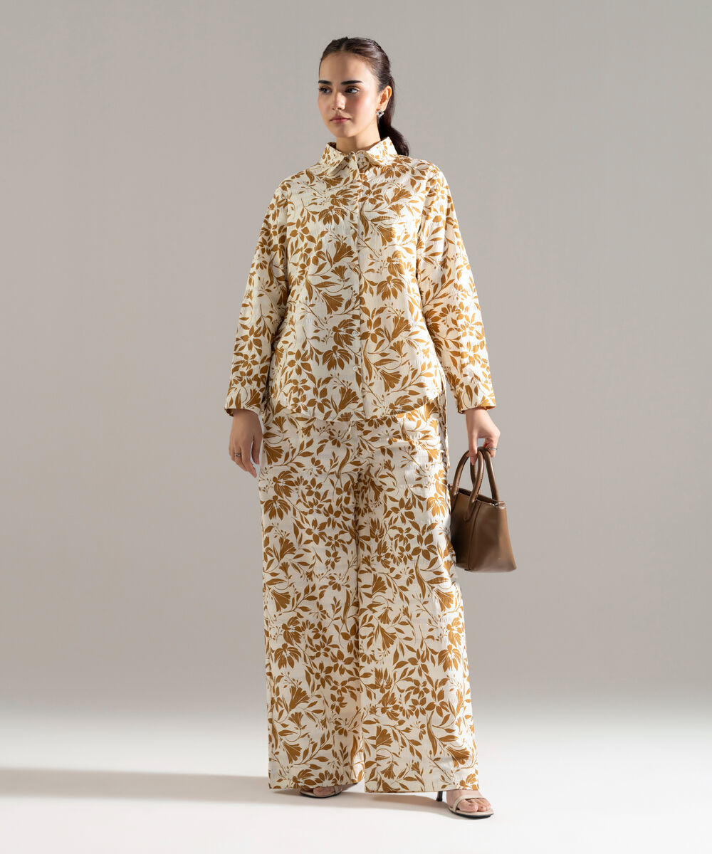 Women's RTW Seersucker Printed Cream White 2 Piece Suit