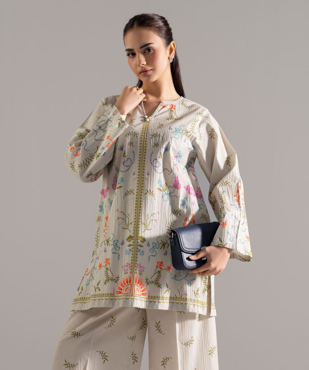 Women's RTW Seersucker Printed Grey 2 Piece Suit