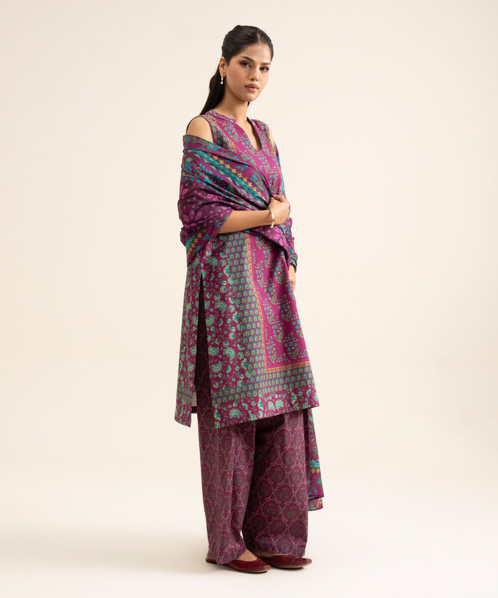Women's Unstitched Premium Khaddar Printed Plum 3 Piece Suit