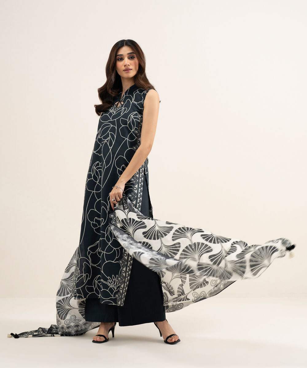 Women's Unstitched Lawn Printed Black and Off White 2 Piece Suit