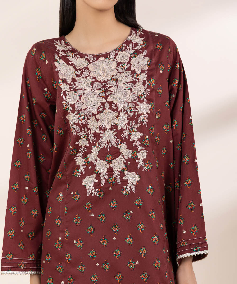 Women's RTW Cotton Satin Red Embroidered A-Line Shirt