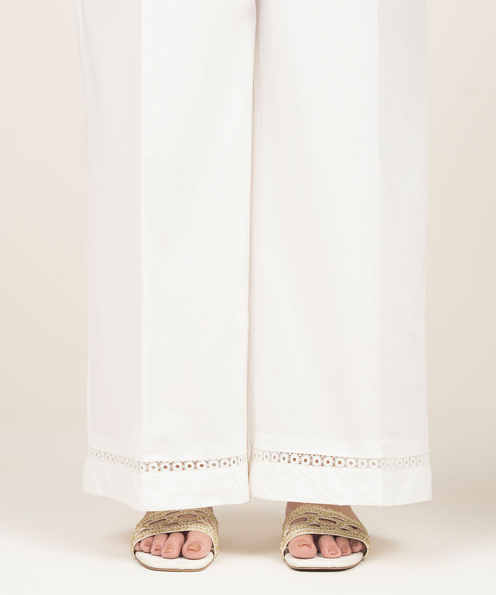Women's RTW Viscose Raw Silk Solid White Straight Pants