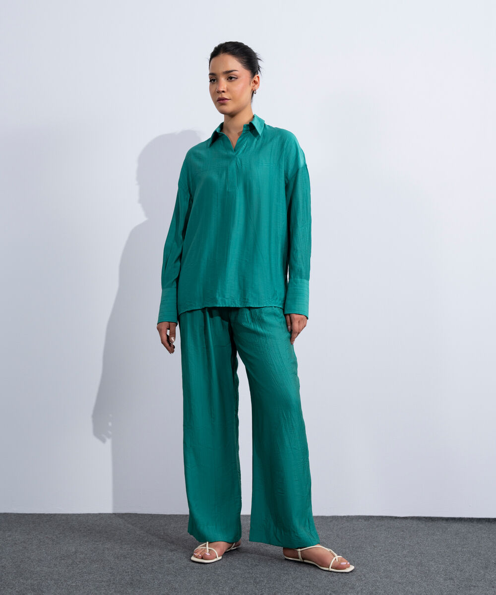 Women's Western Teal Green Textured V-Neck Top