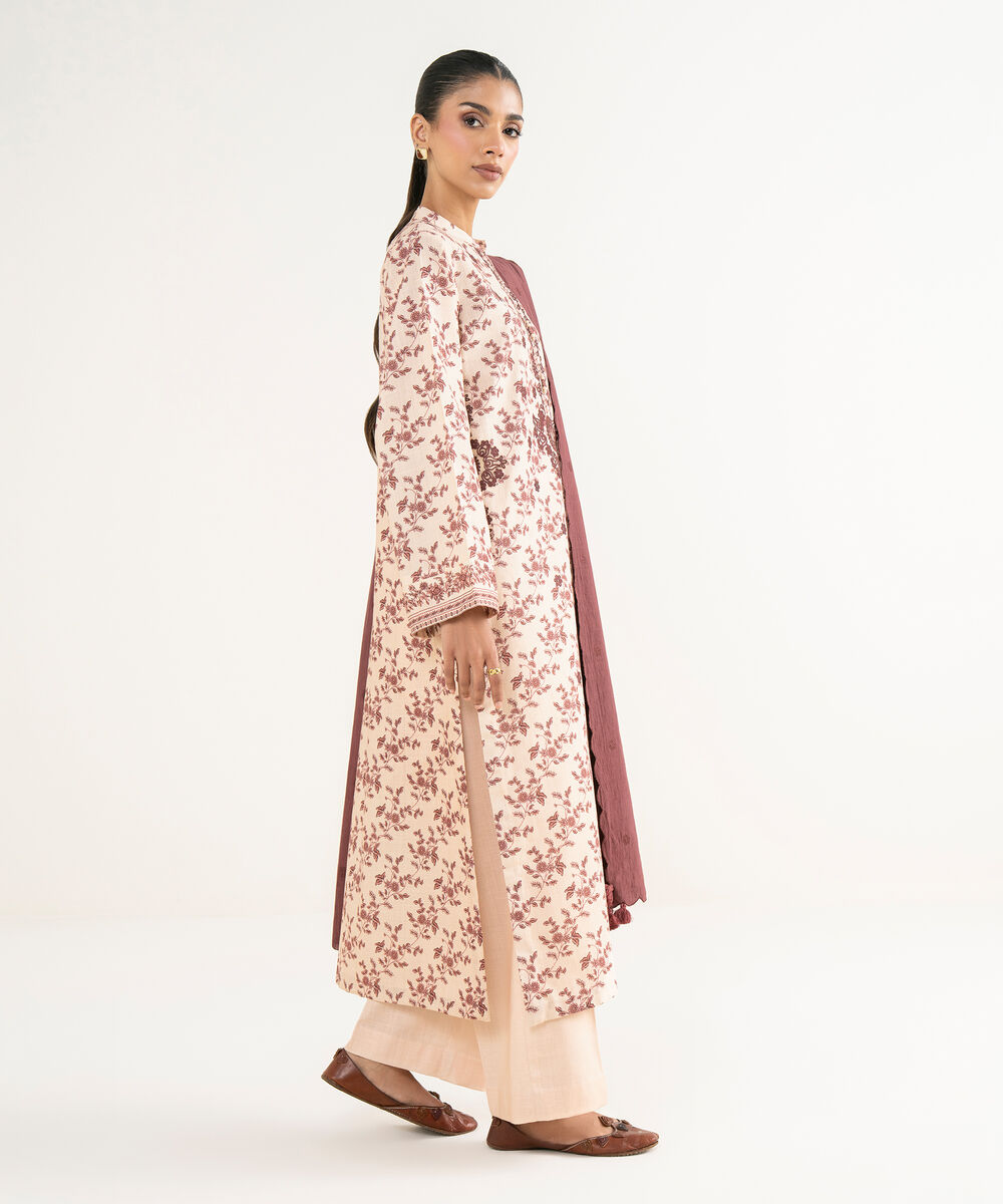 Women's Unstitched Textured Lawn Embroidered Red 3 Piece Suit