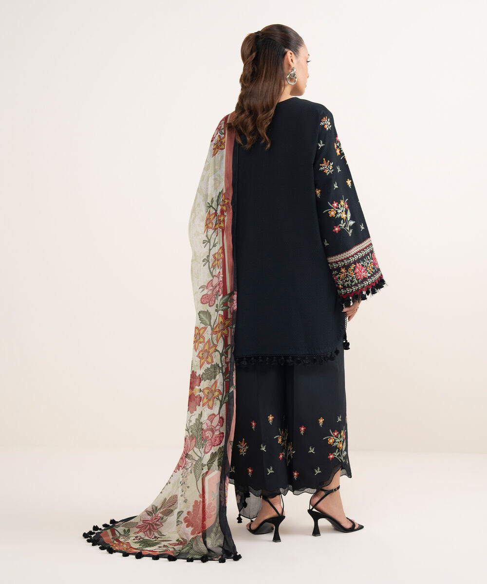 Women's Unstitched Dobby Embroidered Black 3 Piece Suit