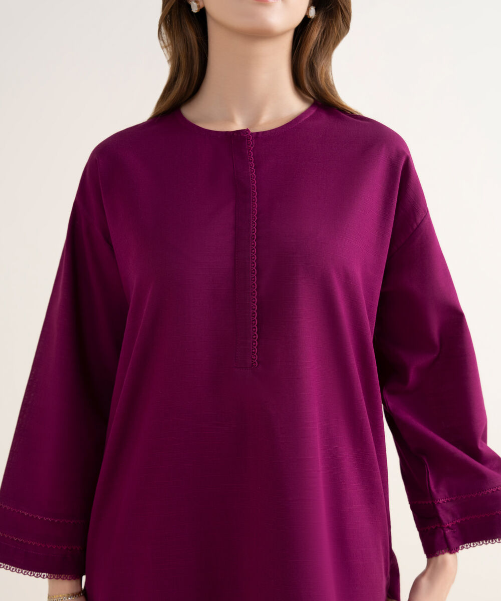 Women's RTW Light Khaddar Solid Drop Shoulder Purple Shirt