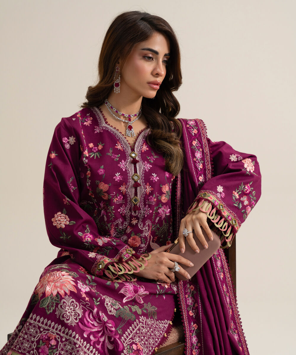 Women's Unstitched Basic Khaddar Embroidered Magenta 3 Piece Suit