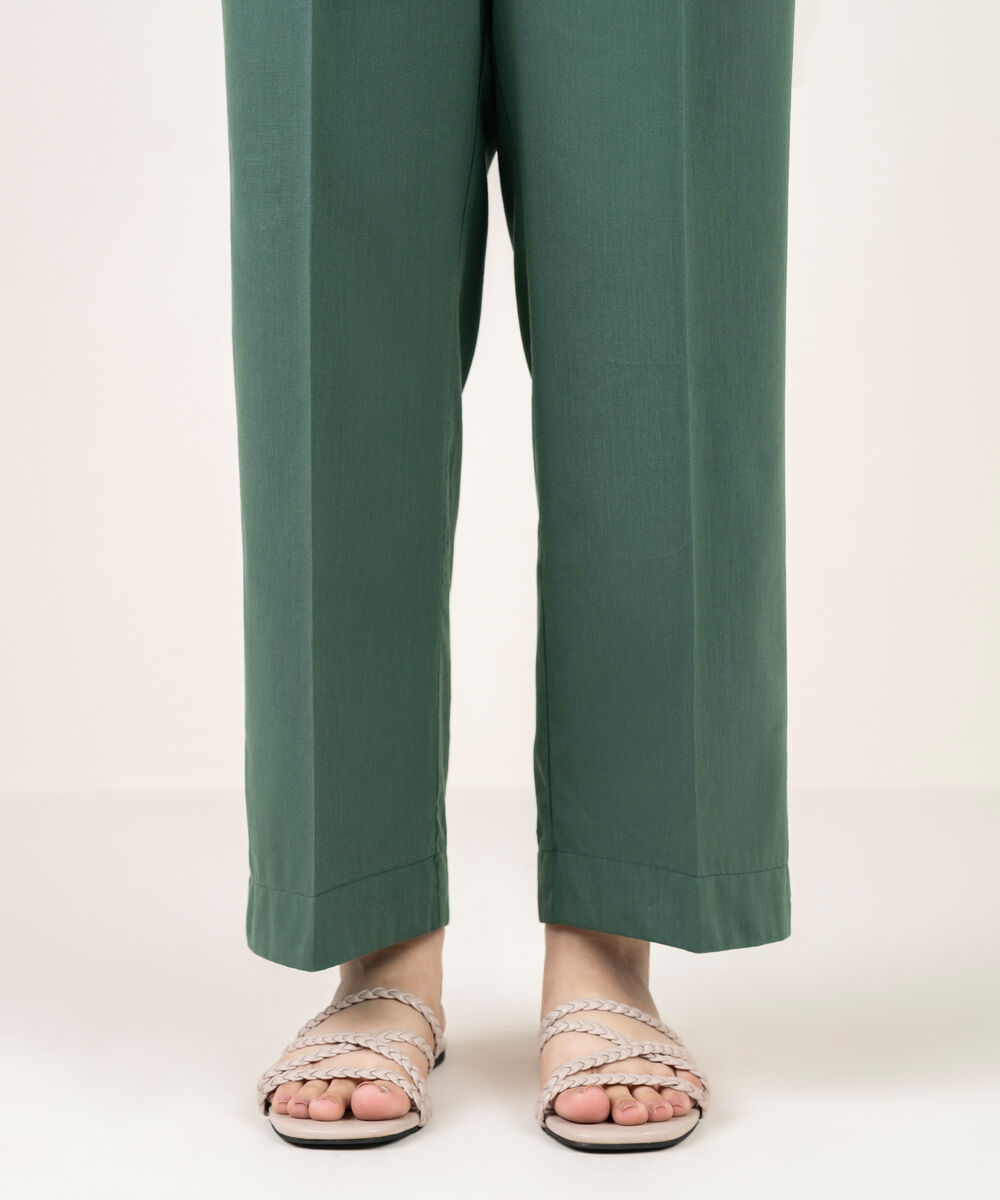 Women's RTW Cotton Viscose Solid Green Straight Pants