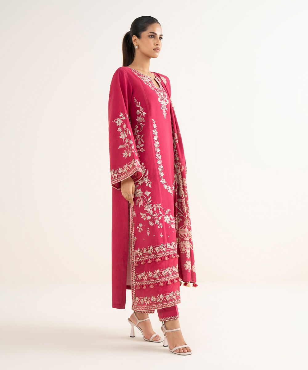 Women's Unstitched Dobby Embroidered Pink 3 Piece Suit