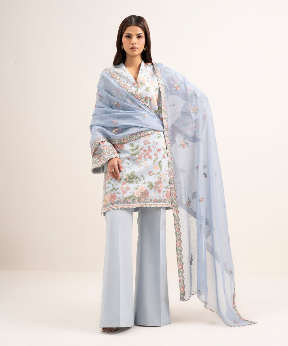 Women's Unstitched Lawn Embroidered Blue 3 Piece Suit