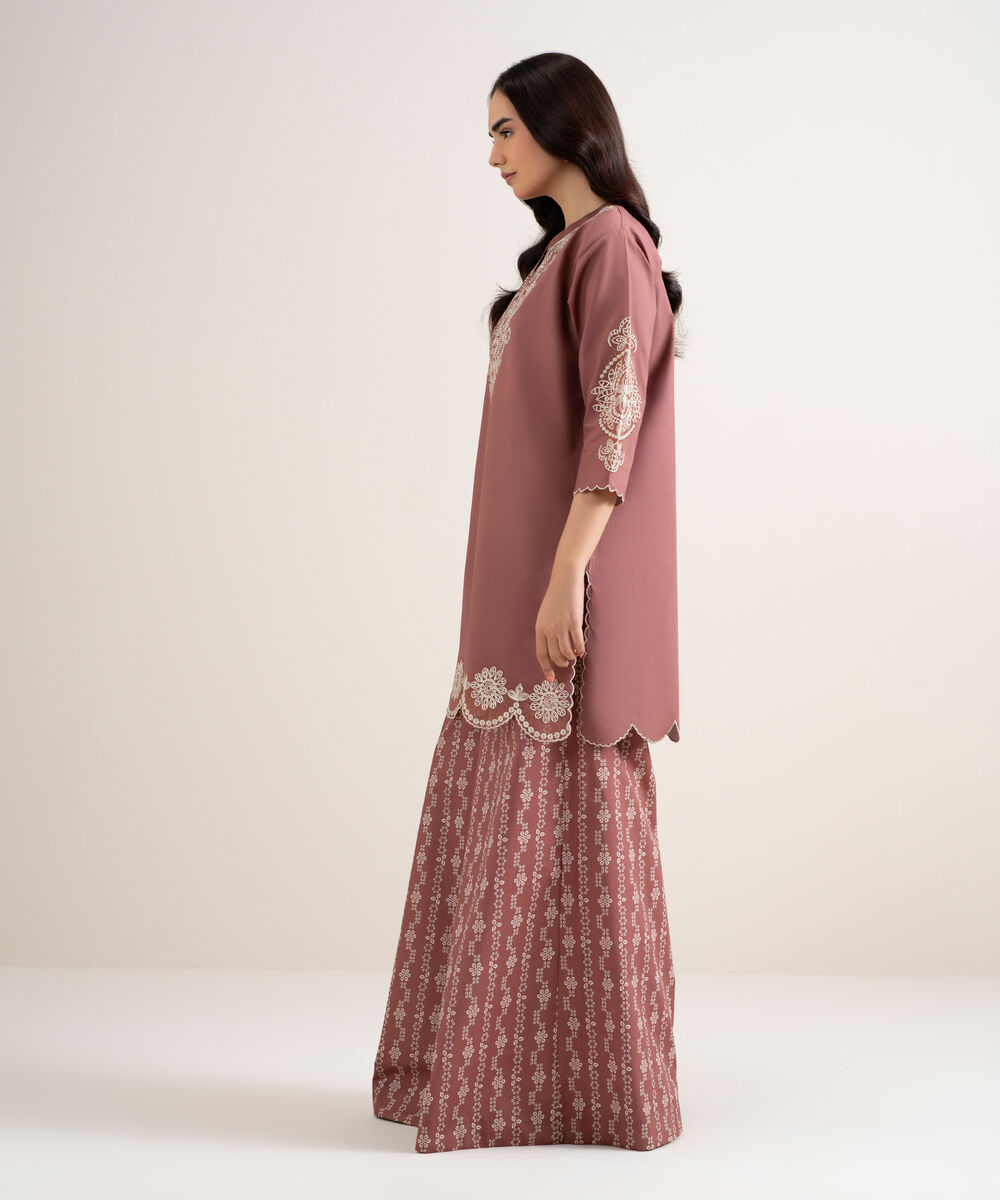 Women's Unstitched Cotton Embroidered Brown 2 Piece Suit