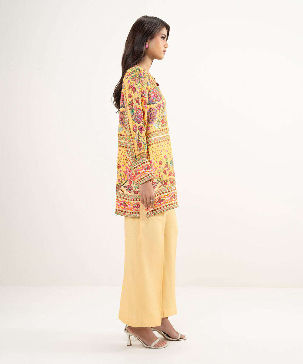 Women's RTW Premium Visocose Satin Printed Yellow 2 Piece Suit