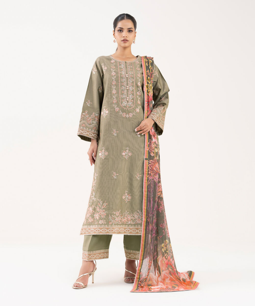 Women's RTW Silk Cotton Net Embroidered Green Three Piece Suit