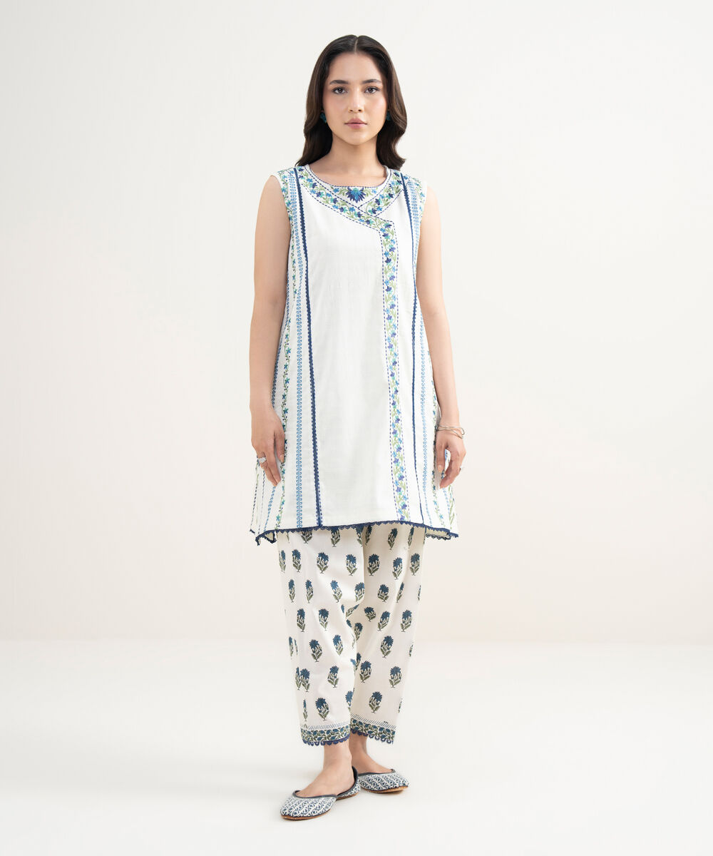 Women's RTW Dobby Embroidered White Straight Shirt