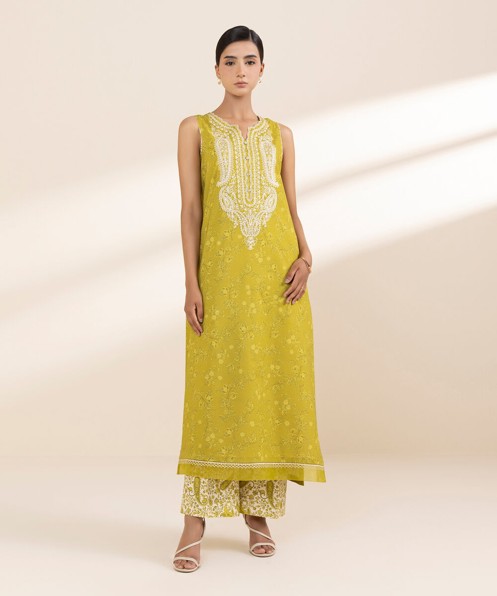 Women's Unstitched Lawn Embroidered Yellow 2 Piece Suit