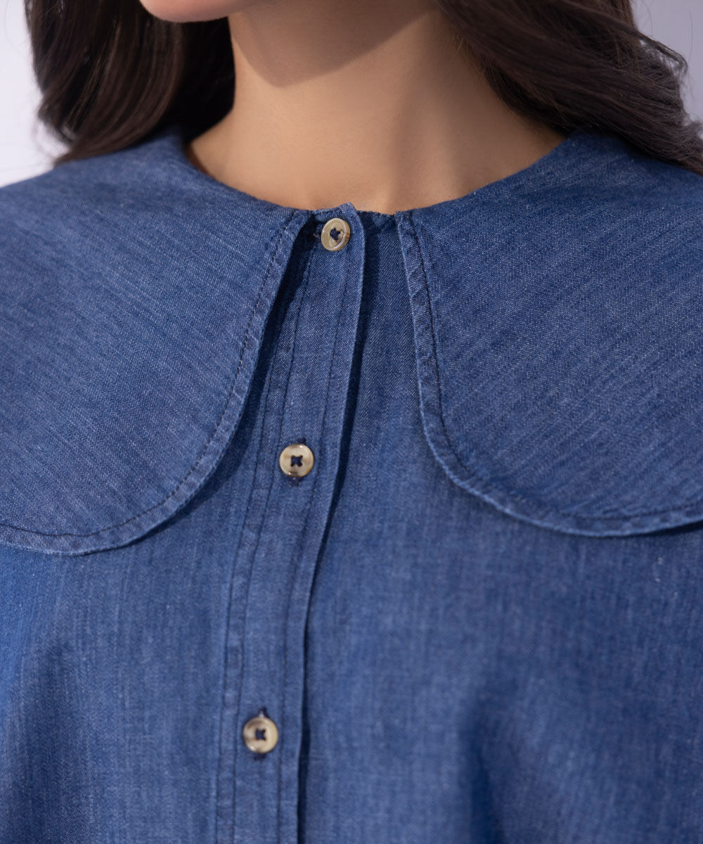Women's Western Wear Blue Peter Pan Cropped Shirt