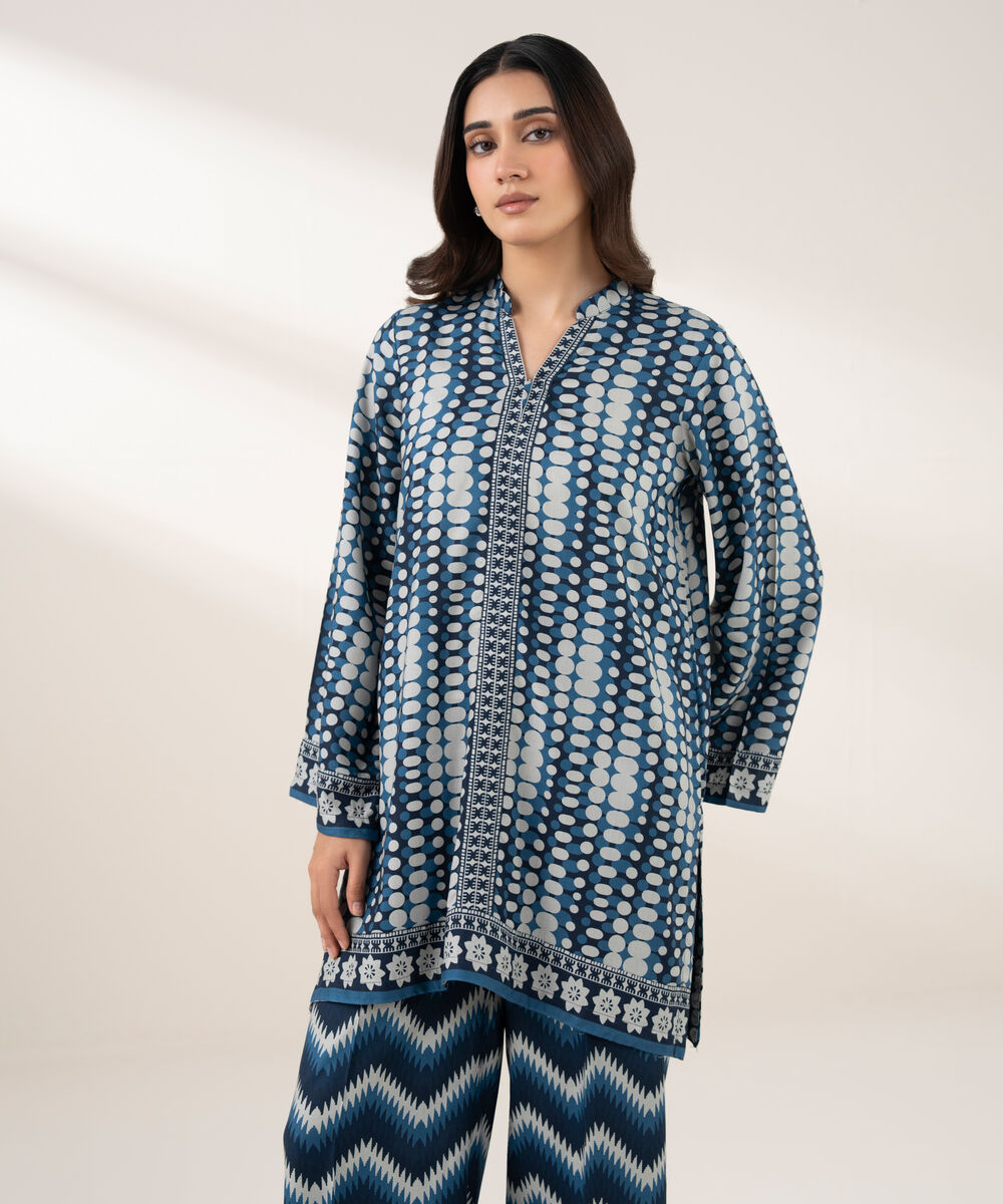 Women's RTW Viscose Linen Printed Straight Blue Shirt