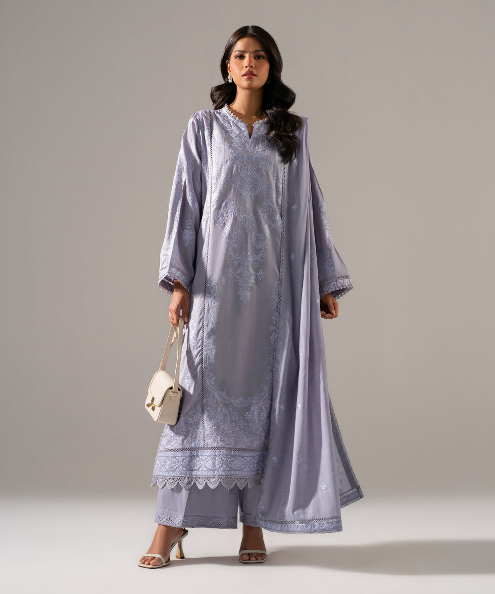 Women's RTW Cotton Satin Solid Embroidered Steel Blue 3 Piece Suit