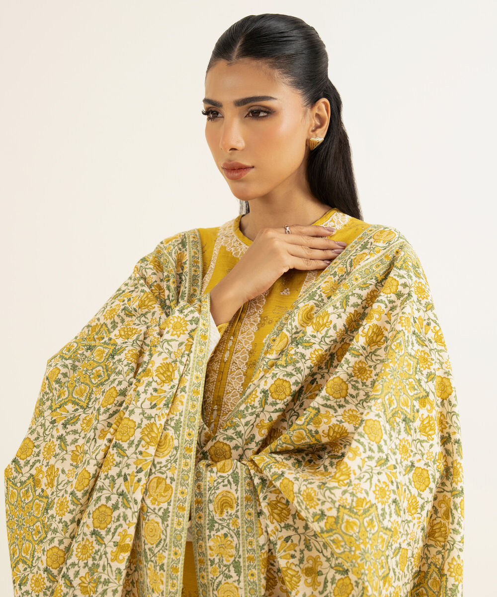 Women's Unstitched Cotton Embroidered Yellow 2 Piece Suit