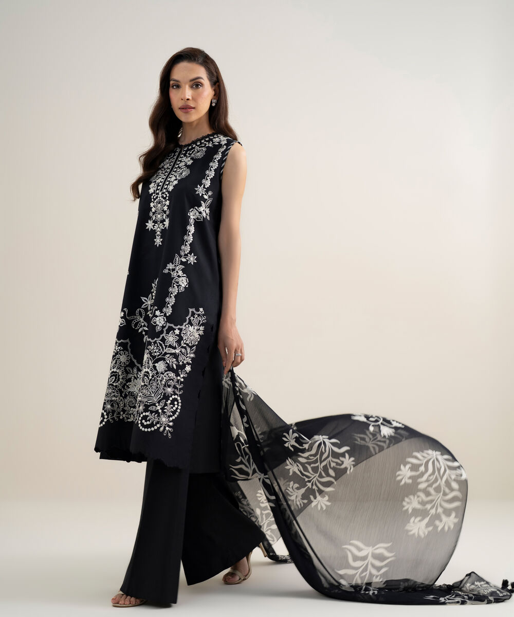 Women's Unstitched Textured Lawn Embroidered Black 3 Piece Suit