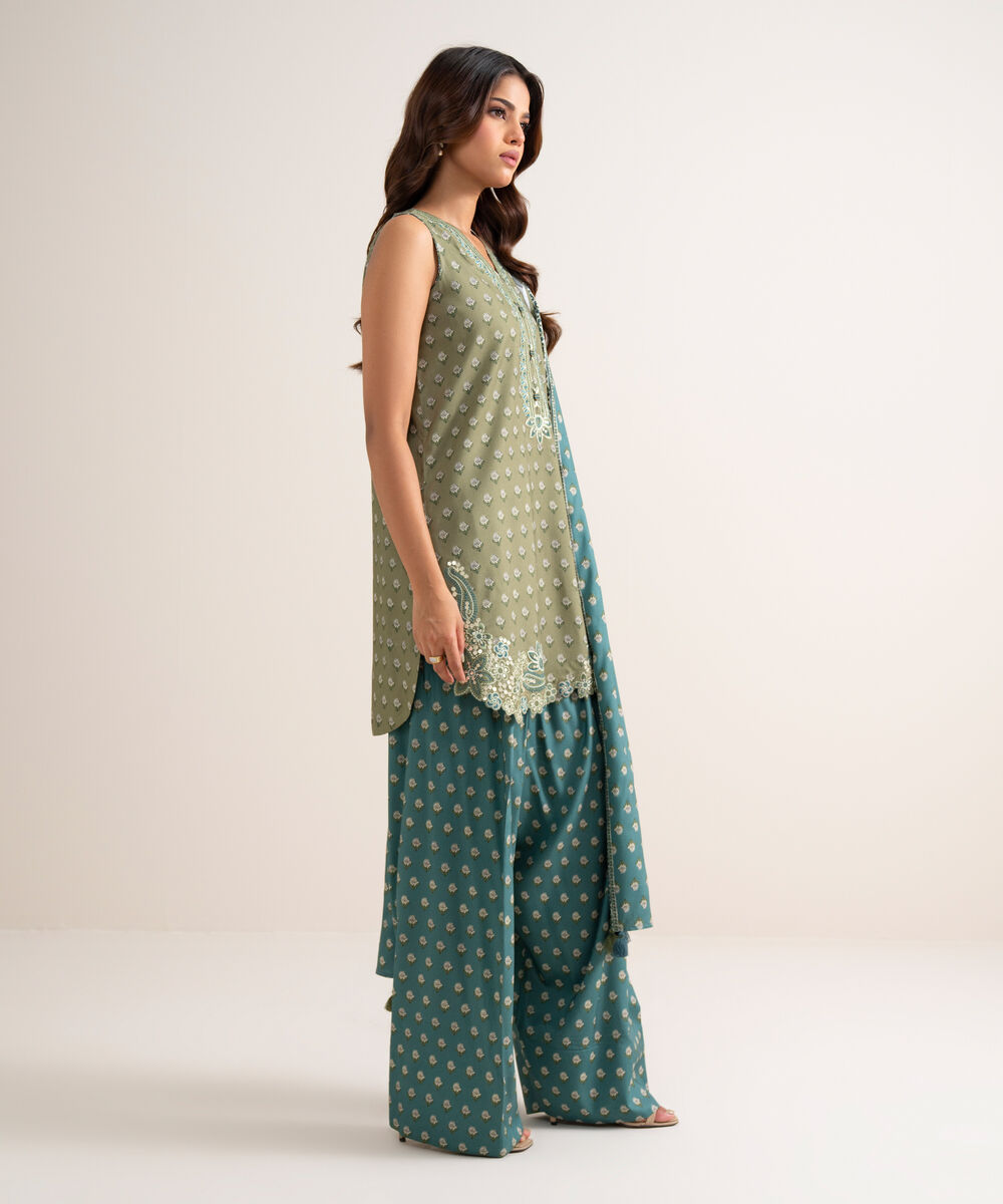 Women's Unstitched Printed Linen Beige 3 Piece Suit