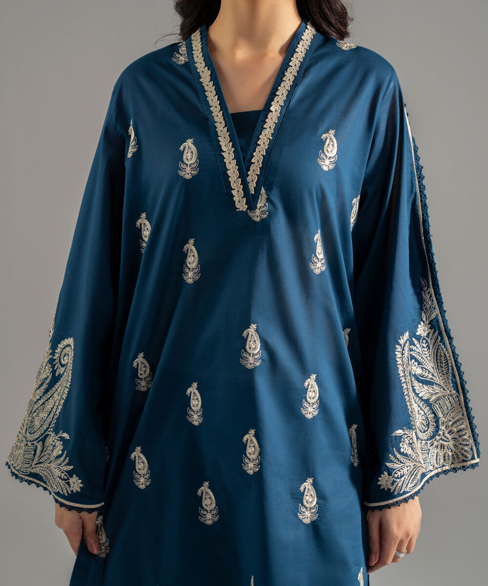 Women's RTW Lawn Solid Embroidered Teal Straight Shirt