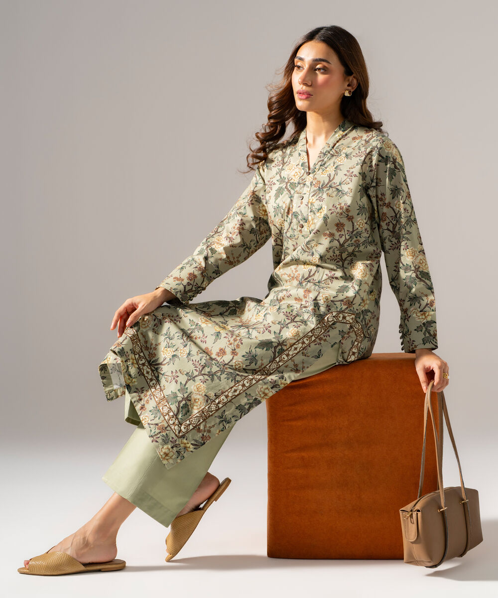 Women's RTW Cambric Printed Muted Green Straight Shirt