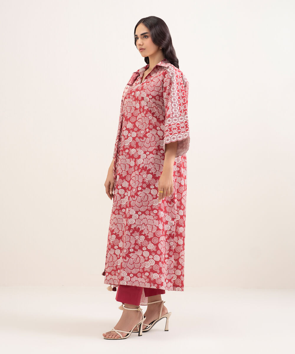 Women's Unstitched Lawn Printed Red 3 Piece Suit