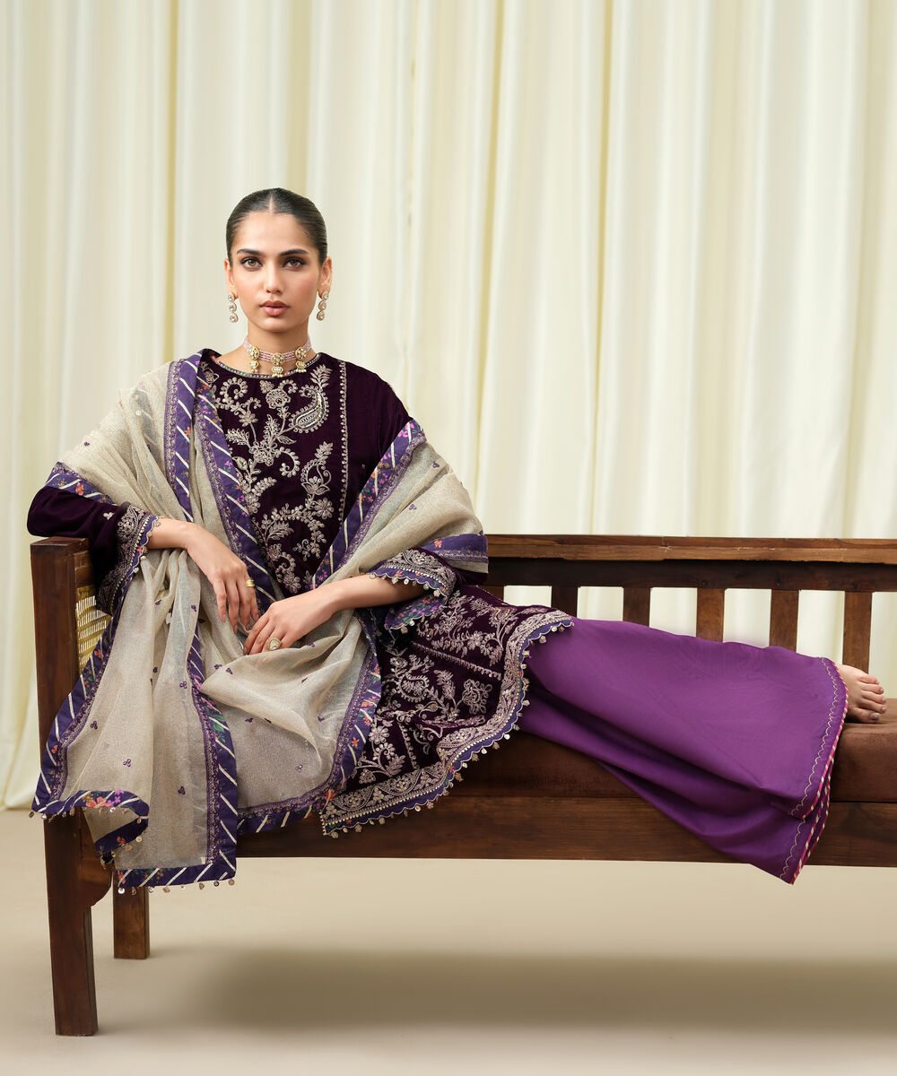 Women's Unstitched Velvet Embroidered Purple 3 Piece Suit