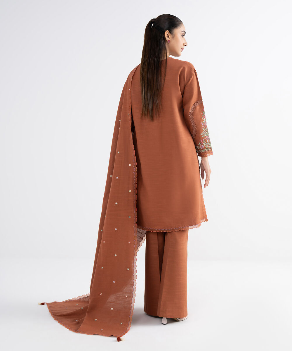 Women's Unstitched Cotton Embroidered Brown 3 Piece Suit