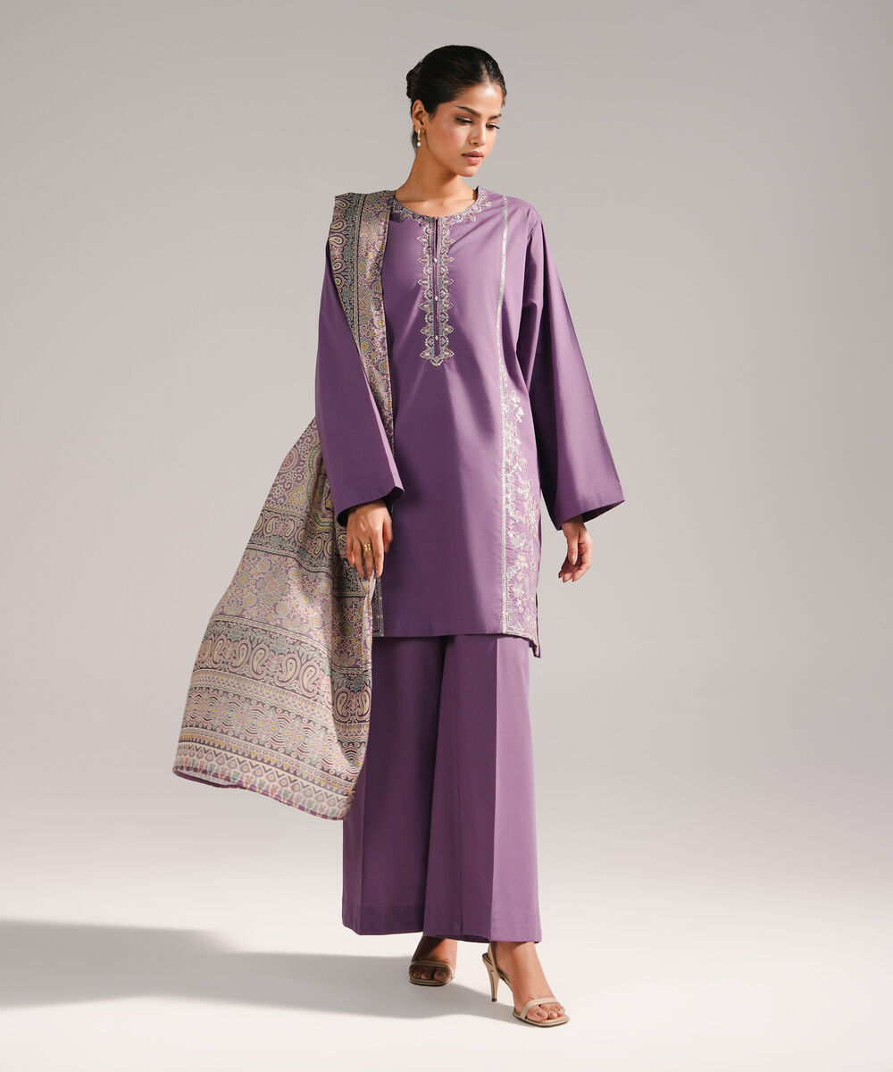 Women's RTW Lawn Embroidered Purple 3 Piece Suit