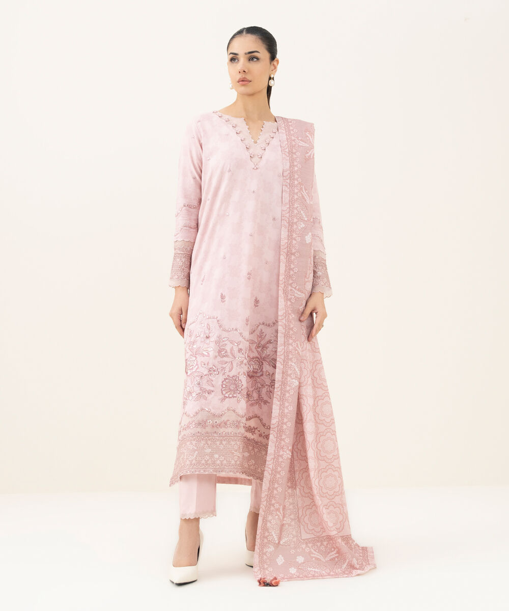 Women's Unstitched Embroidered Cotton Jacquard Pink 3 Piece Suit