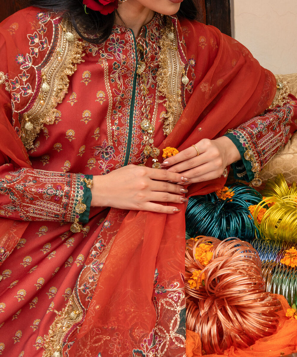 Women's Unstitched Printed Blended Grip Silk Orange 3 Piece Suit