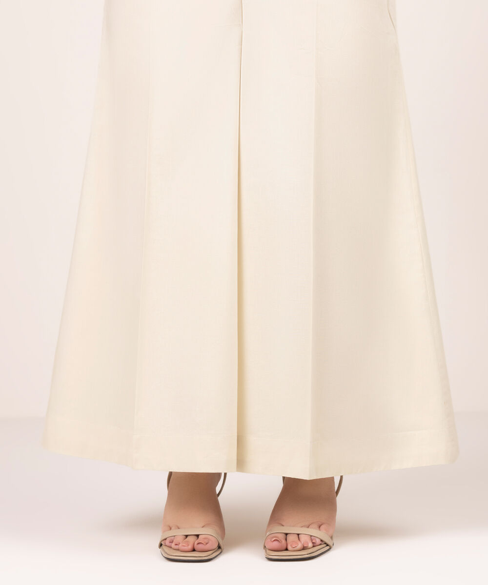 Women's RTW Lawn Solid Off White Flared Pants