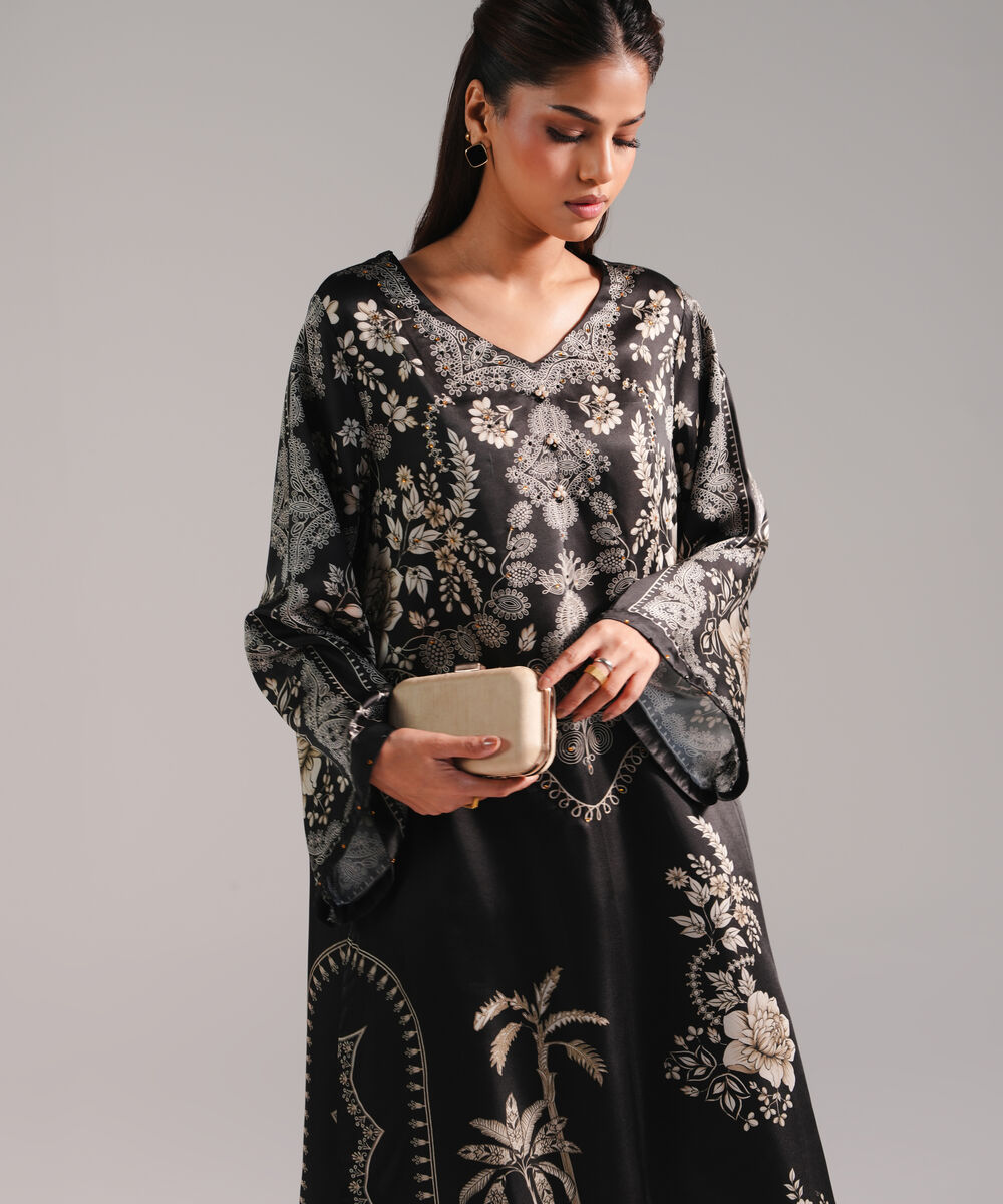 Women's RTW Blended Satin Printed Dark Brown 2 Piece Suit