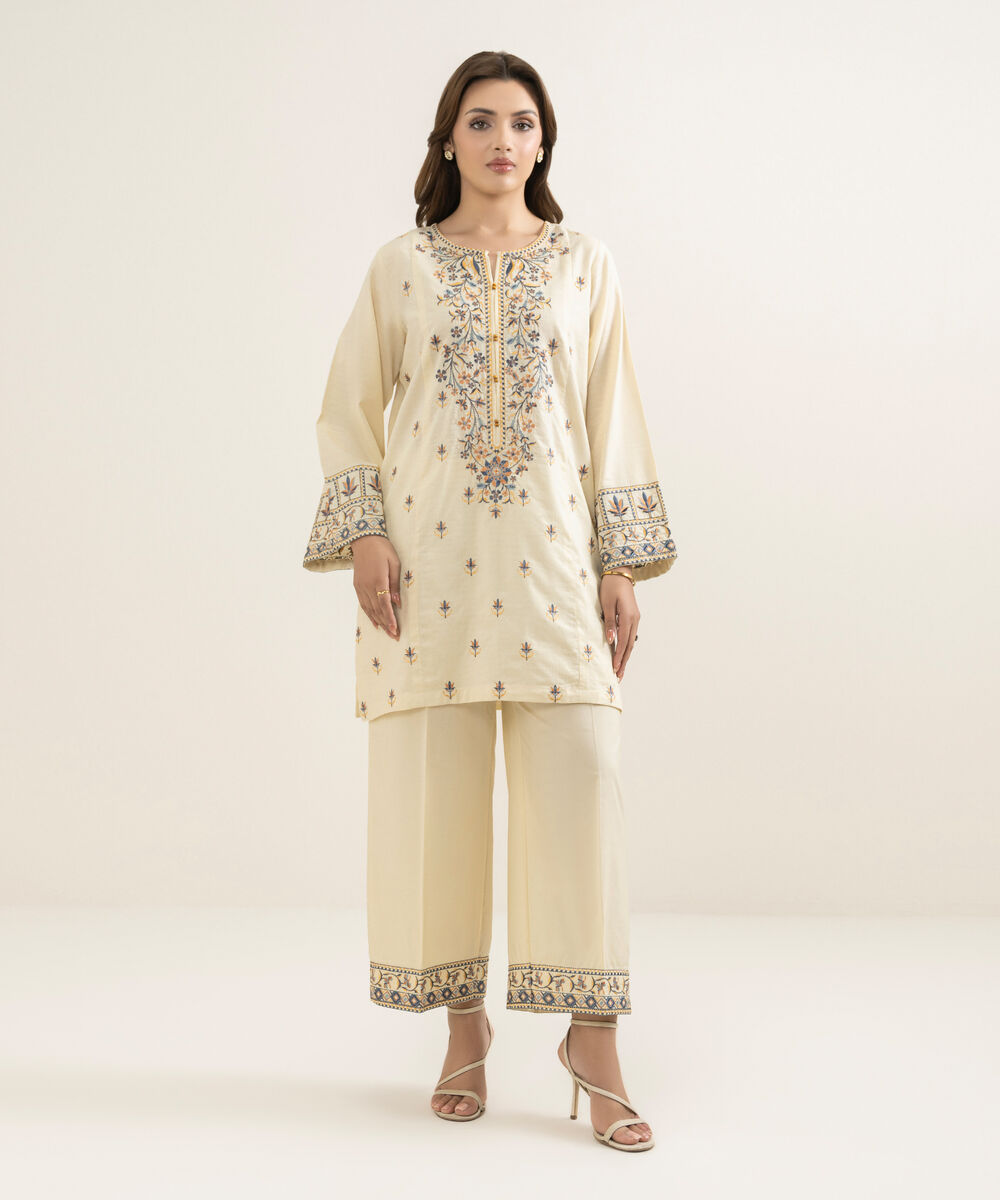 Women's RTW Dobby Embroidered Off White Straight Shirt