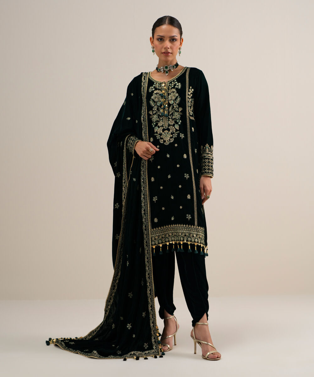 Women's Unstitched Embroidered Velvet Dark Green 3 Piece Suit