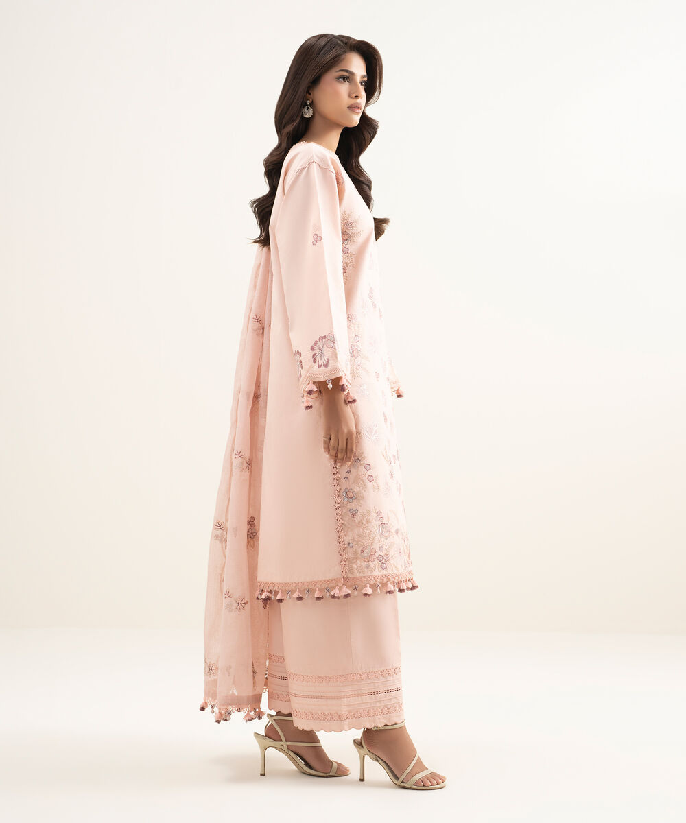 Women's Unstitched Lawn Embroidered Pink 3 Piece Suit